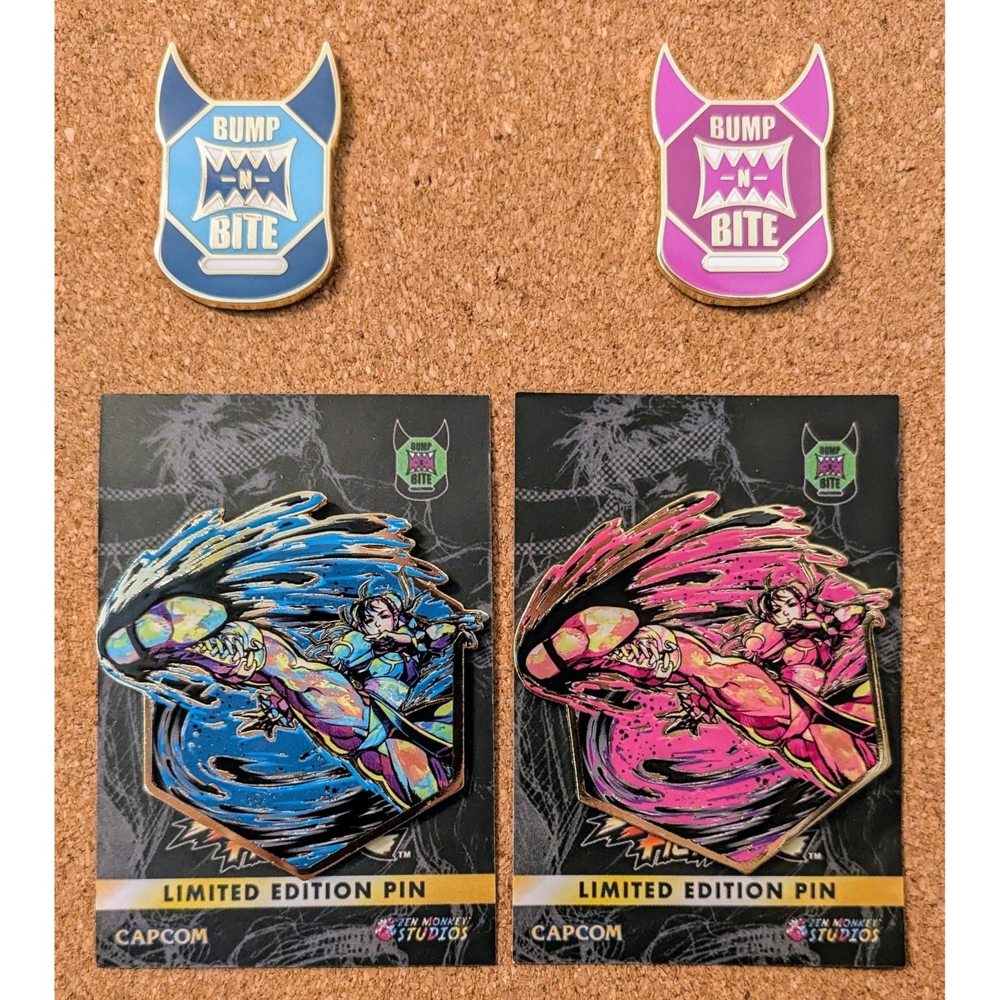 Zen Monkey Studios Chun-Li Limited Edition Painterly Pin Set Bundle + Bump-N-Bite Exclusive Series #4 Player 1 and #5 Player 2 Logo Pins