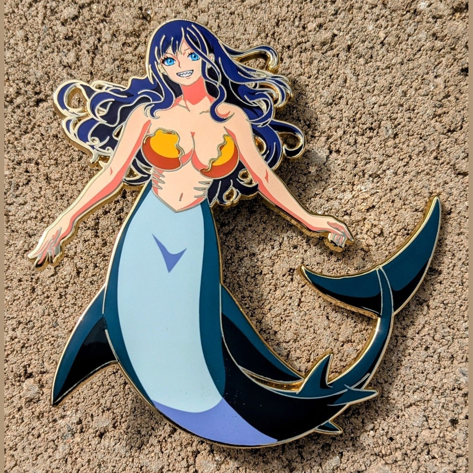 Gold Plated Blue Haired B.B. the Shark Girl 3.5" Enamel Pin - LE 10